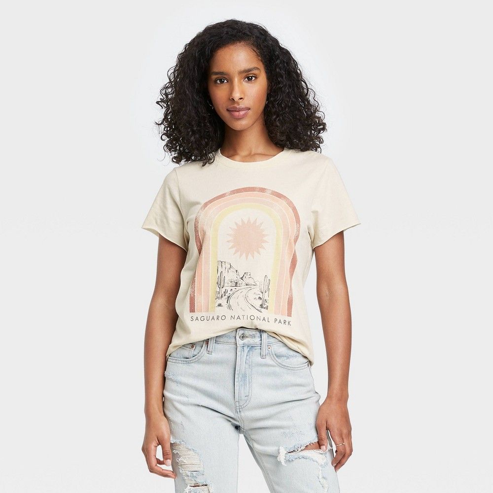 Women's Saguaro National Park Rainbow Short Sleeve Graphic T-Shirt - Light Beige M | Target