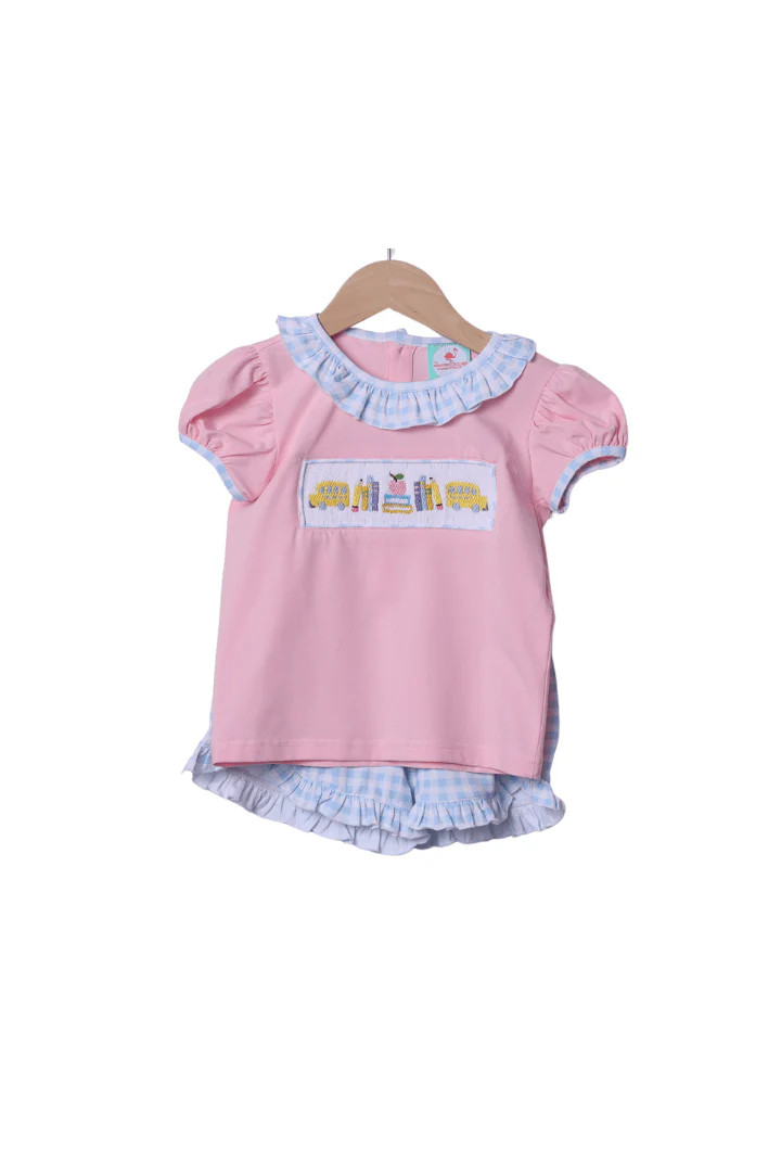 Smocked Back To School Pink/Blue Gingham Ruffle Short Set | The Smocked Flamingo