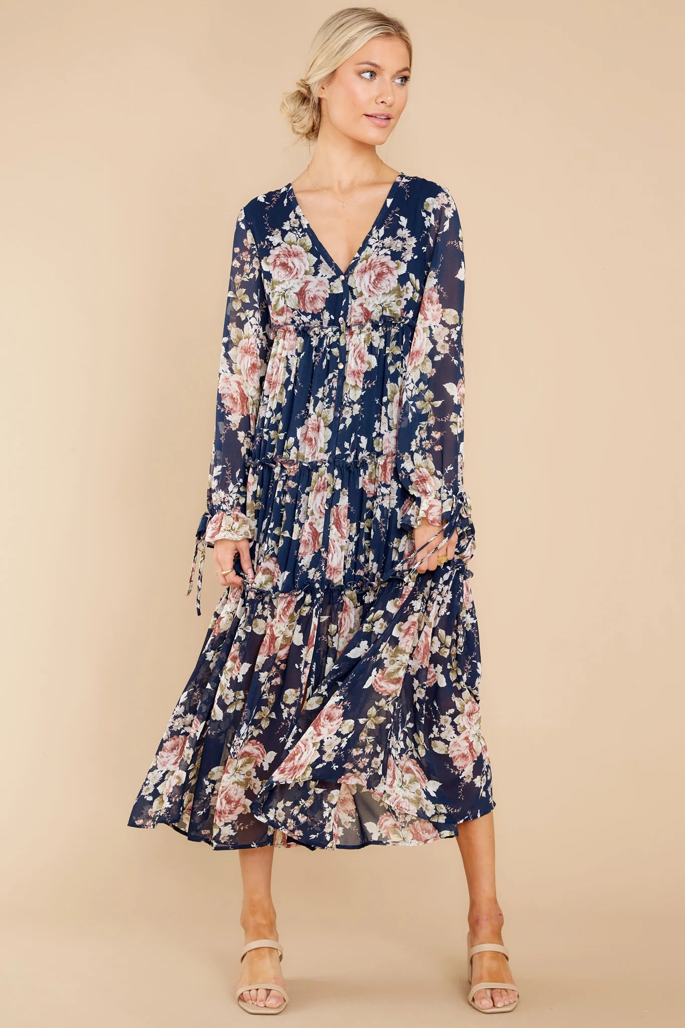 Midnight Rendezvous Navy And Blush Floral Print Maxi Dress | Red Dress 