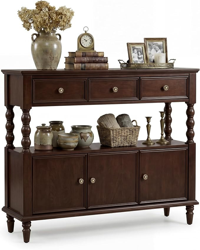 45.3'' Solid Wood Console Table, Retro Sofa Table with 3 Drawers & 2 Cabinet, Long Behind Couch A... | Amazon (US)