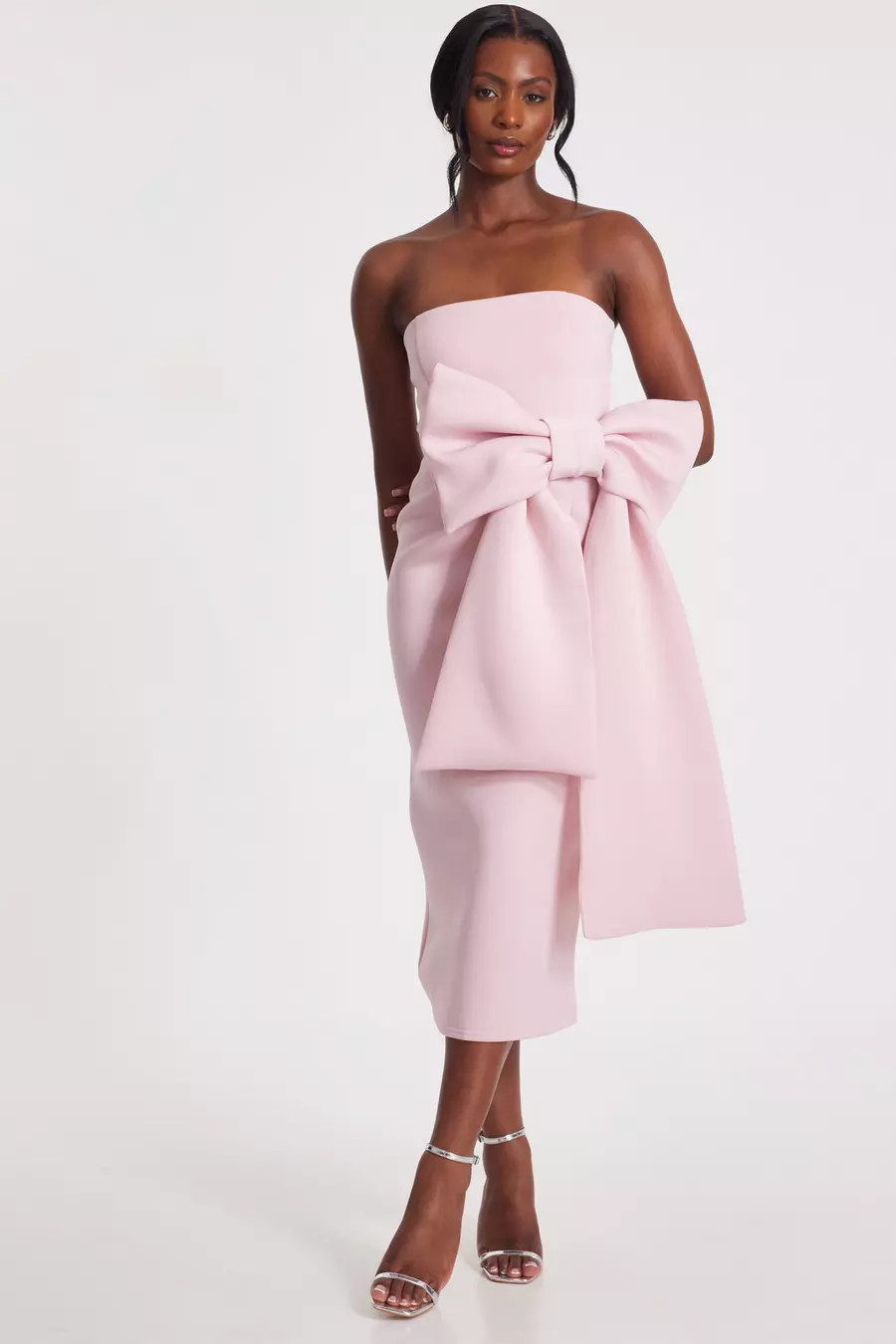 Pale Pink Strapless Bow Midaxi Dress | Quiz Clothing