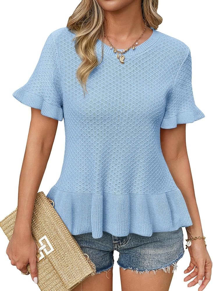 Yousify Womens Short Sleeve Sweater Round Neck Ruffled Hem Texture Knit Pullover Shirt Summer Bea... | Amazon (US)