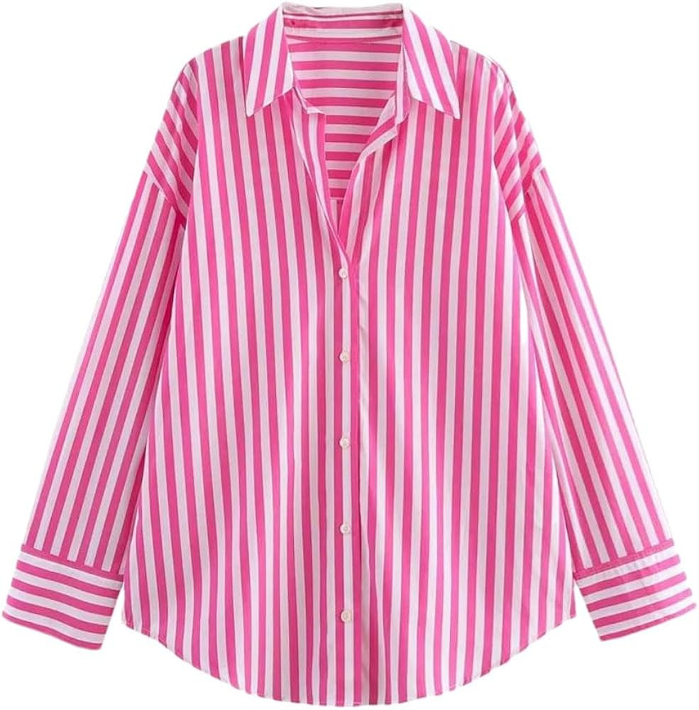Women's Striped Loose Shirt with Collar Decoration Casual Slim Fit Solid Color Long Sleeve Blouse... | Amazon (US)