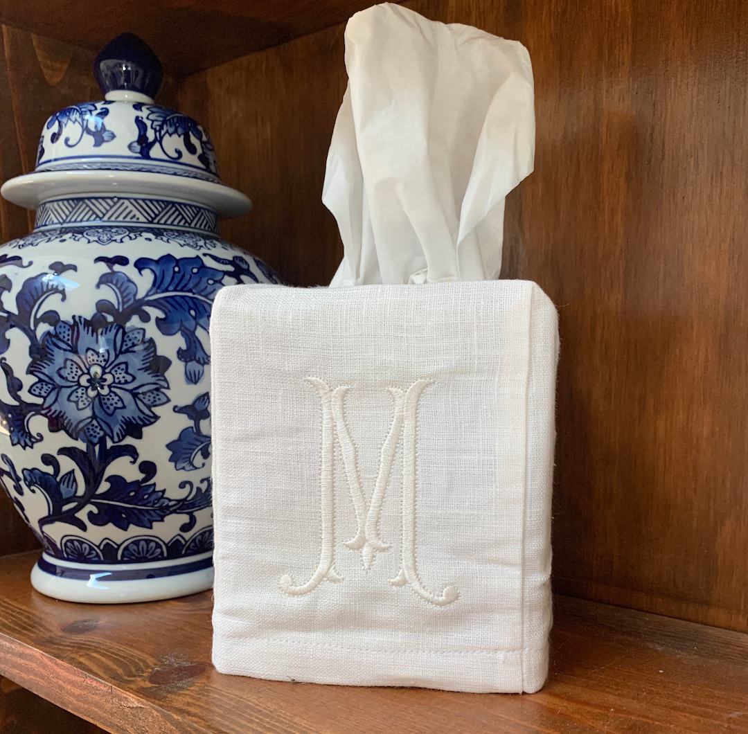 Monogrammed Linen Tissue Box Cover. Personalized Gift. - Etsy | Etsy (US)