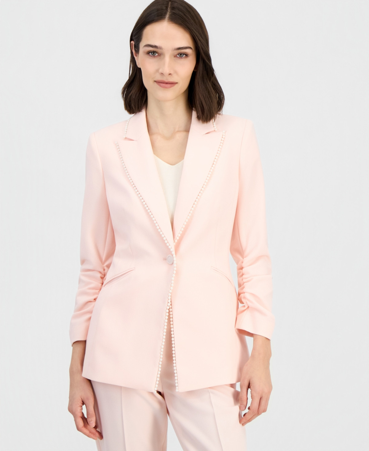 Tahari Asl Women's Faux-Pearl-Trim Ruched-Sleeve Blazer - Tea Rose | Macy's