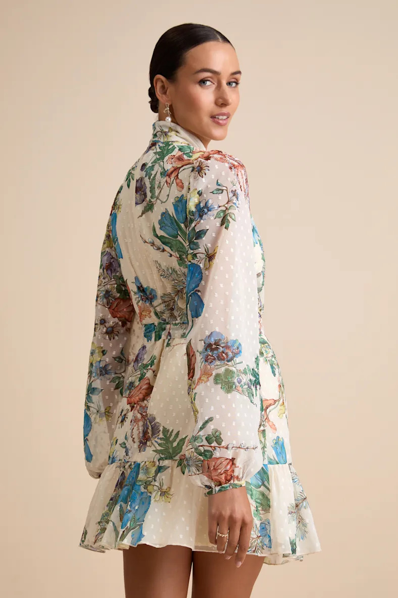 Ayame Ivory Floral Swiss Dot Balloon Sleeve Mini Dress | Lulus