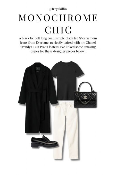 A black tie belt long coat, simple black tee & ecru mom jeans from Everlane, perfectly paired with my Chanel Trendy CC & Prada loafers. I've linked some amazing dupes for these designer pieces below! 

#LTKshoecrush #LTKstyletip #LTKeurope