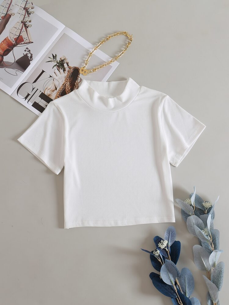 Mock Neck Rib-knit Crop Tee | SHEIN