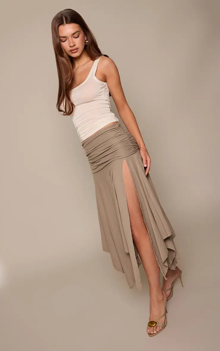 Taupe Soft Touch Ruched Asymmetric Midi Skirt | PrettyLittleThing UK
