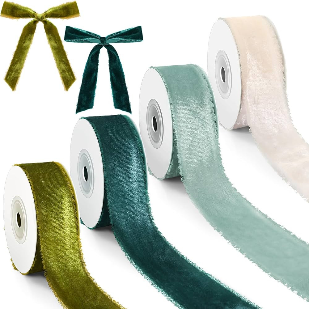 Preboun 4 Rolls Christmas Velvet Ribbon Total 24 yd x 1 in Gift Wrapping Fringe Ribbon Raw Edge F... | Amazon (US)