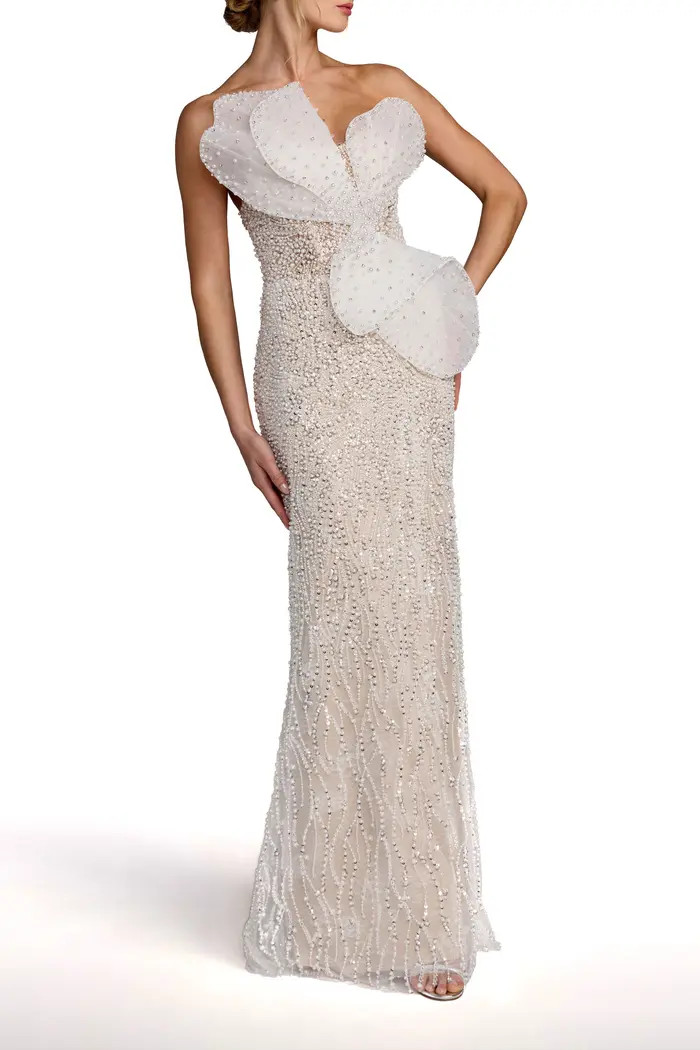 Sequin Organza Strapless Bow Detail Column Gown | Nordstrom