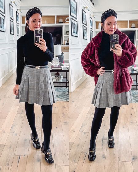 Houndstooth school girl pleated skirt with black turtle neck bodysuit. These loafer heels look like Gucci but they aren’t. 