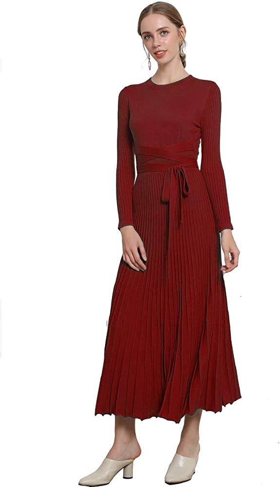FINCATI Long Sweater Dress Autumn Winter Cashmere Belt Fitted Waist Big Swing Flared Calf Length Max | Amazon (US)