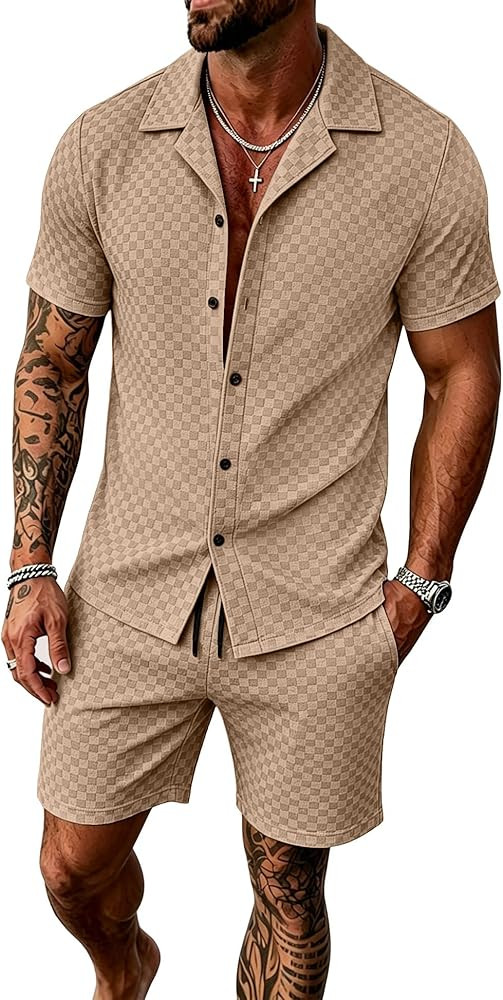 UOUA Mens Velour Tracksuit 2 Piece Outfits Short Sleeve Button Down Shirt and Shorts Sets Casual ... | Amazon (US)
