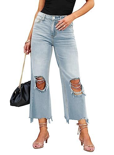 LOLONG High Waisted Ripped Flare Jeans for Women Trendy Distressed Stretchy Bell Bottom Pants Blue | Amazon (US)