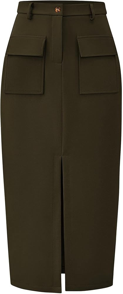 KIRUNDO Midi Skirts for Women Fall High Waisted Cargo Trendy Pencil Slit Dressy Casual Business W... | Amazon (US)