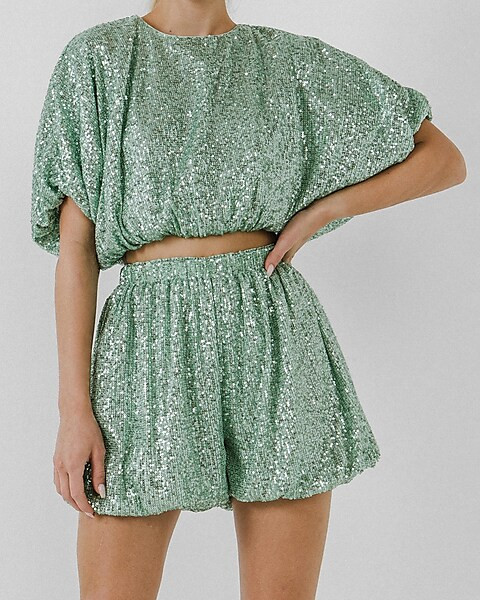 Endless Rose Sequin Cropped Puff Sleeve Top | Express