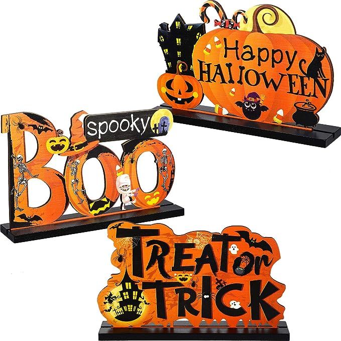 Blulu 3 Happy Halloween Table Decorations, Pumpkin Table Centerpieces Boo Sign Wooden Candy Day f... | Amazon (US)