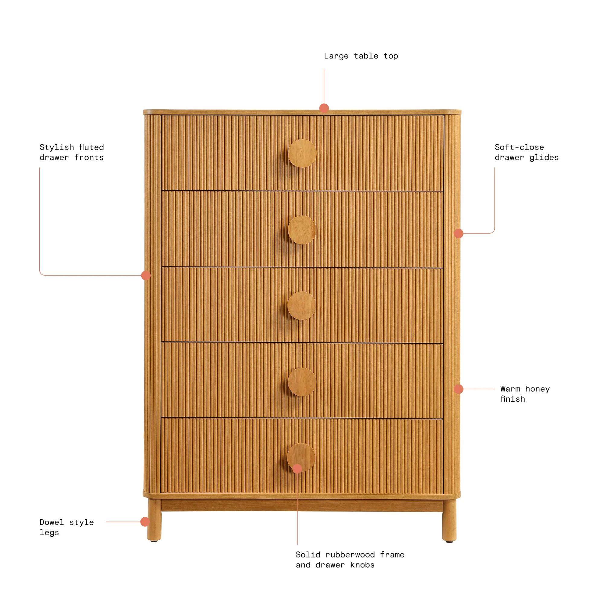 Beautiful Fluted 5-Drawer Dresser, Warm Honey Finish | Walmart (US)