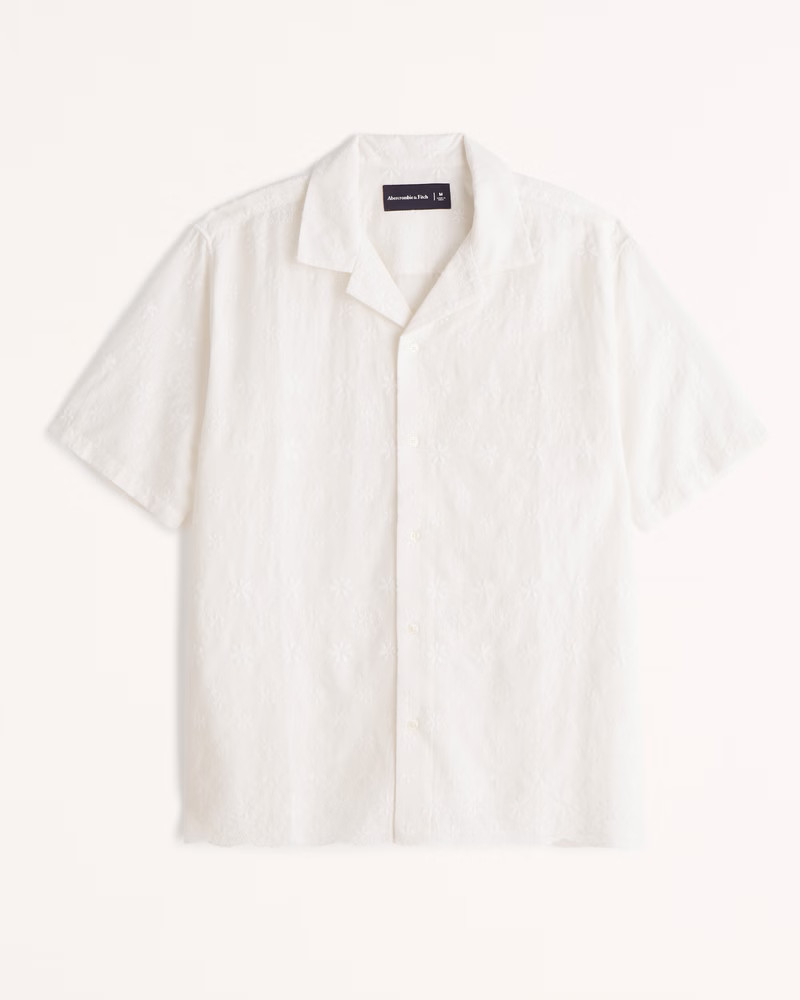 Camp Collar Linen-Blend Embroidered Button-Up Shirt | Abercrombie & Fitch (US)