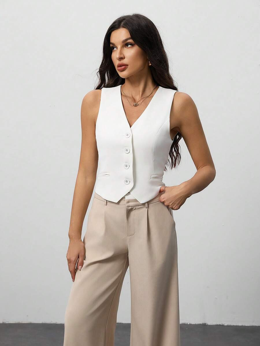 SHEIN Tall Solid Khaki Collarless V-Neck Front Button Vest Vest Vest Blazer Work Wear In Fall/Win... | SHEIN