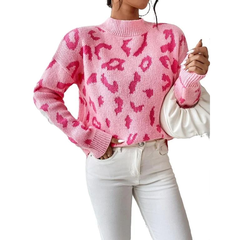 Casual Graphic Stand Collar Pullovers Long Sleeve Pink Women Sweaters (Women's) | Walmart (US)