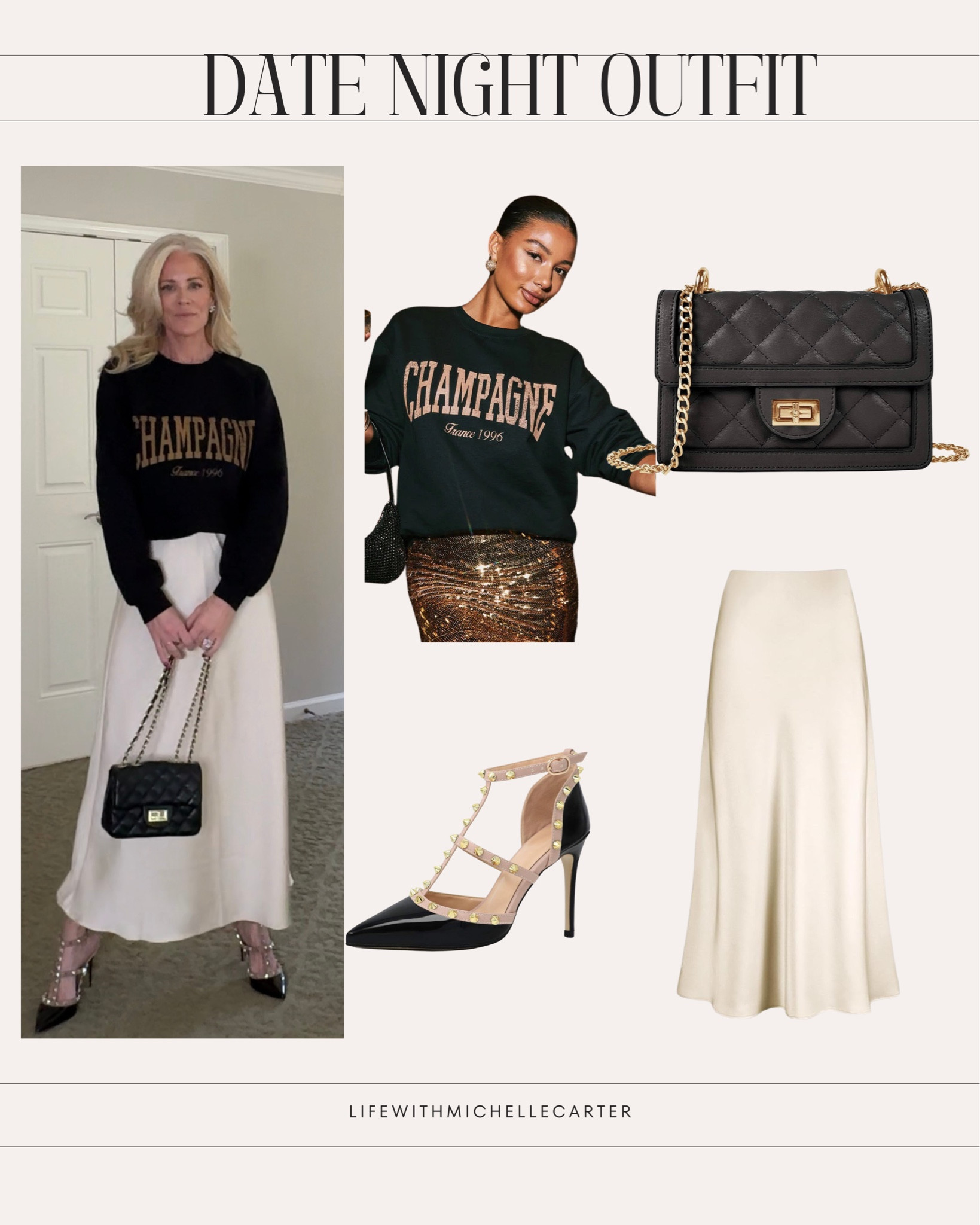 Comfortable date night. Silk cream colored skirt with elastic waist is a plus. Warm black/brown sweatshirt tucked. Dress it up a bit with two tone heels and purse with chain strap. Size small in skirt and sweatshirt. Size 8 in shoes.

#LTKOver40 #LTKFindsUnder100