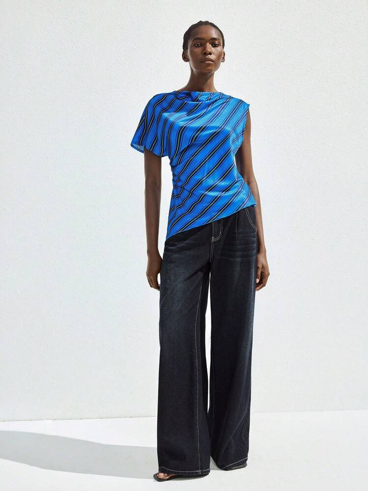 Maija 2025 Summer Music Festival Modern Urban Asymmetric Waist Ruched Asymmetrical Hem Retro Casual Women's Blue Yellow Contrast Color Artistic Striped Top, Suitable For Spring/Summer Parties | SHEIN