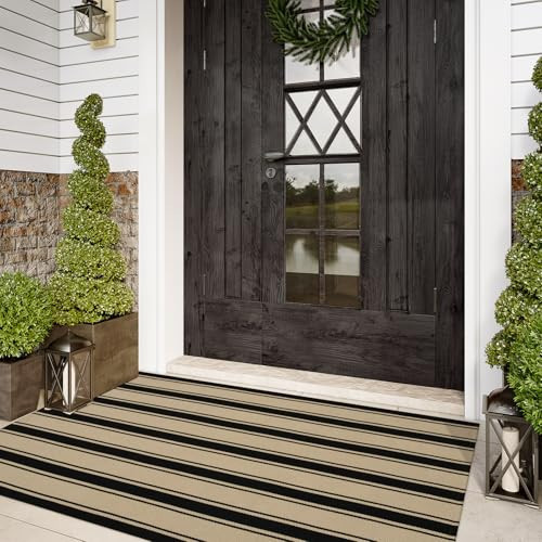 Sungea Striped Outdoor Rug 3'x5', Cotton Hand Woven Rug Front Door Mat,Washable Reversible Layered Door Mats, Foldable Front Porch Rug for Entryway/Home Entrance/Farmhouse(Black and Tan) | Amazon (US)