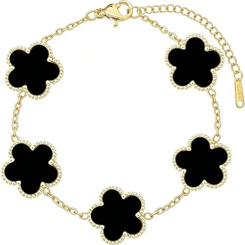 Gold Plated Five-Leaf Clover Bracelet for Women, Black Clover Adjustable Link Bracelet, Hypoallergenic Tarnish Resistant Dainty Stackable Wrist Jewelry for Everyday & Party Wear | Amazon (US)