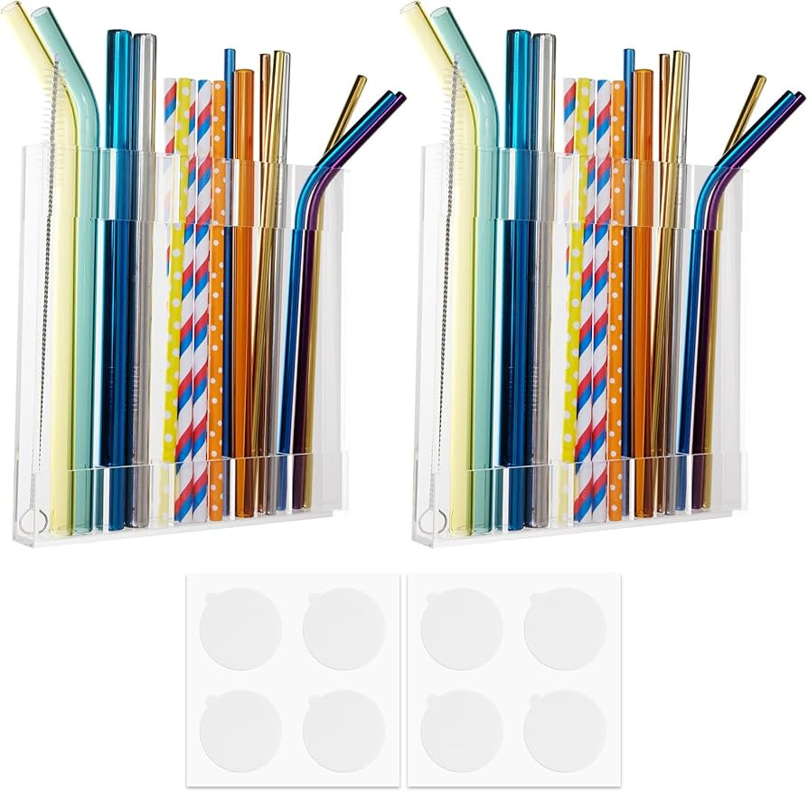 2 Pack Large Acrylic Straw Holder,Straw Rack with Double Sided Tape Organizer,Reusable Straws for... | Amazon (US)