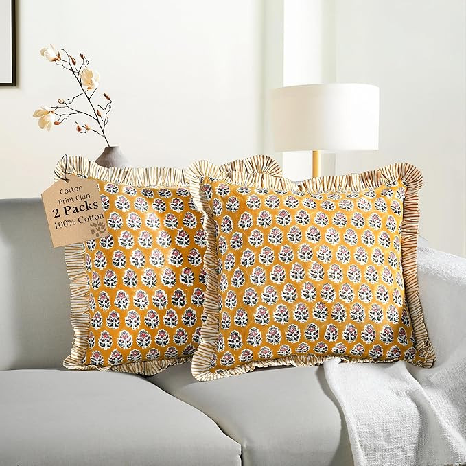 CPC Yellow Citrine Ruffle Throw Pillow Covers for Couch, 24x24 Inch Cotton Stripe Ruffle Couch Pi... | Amazon (US)