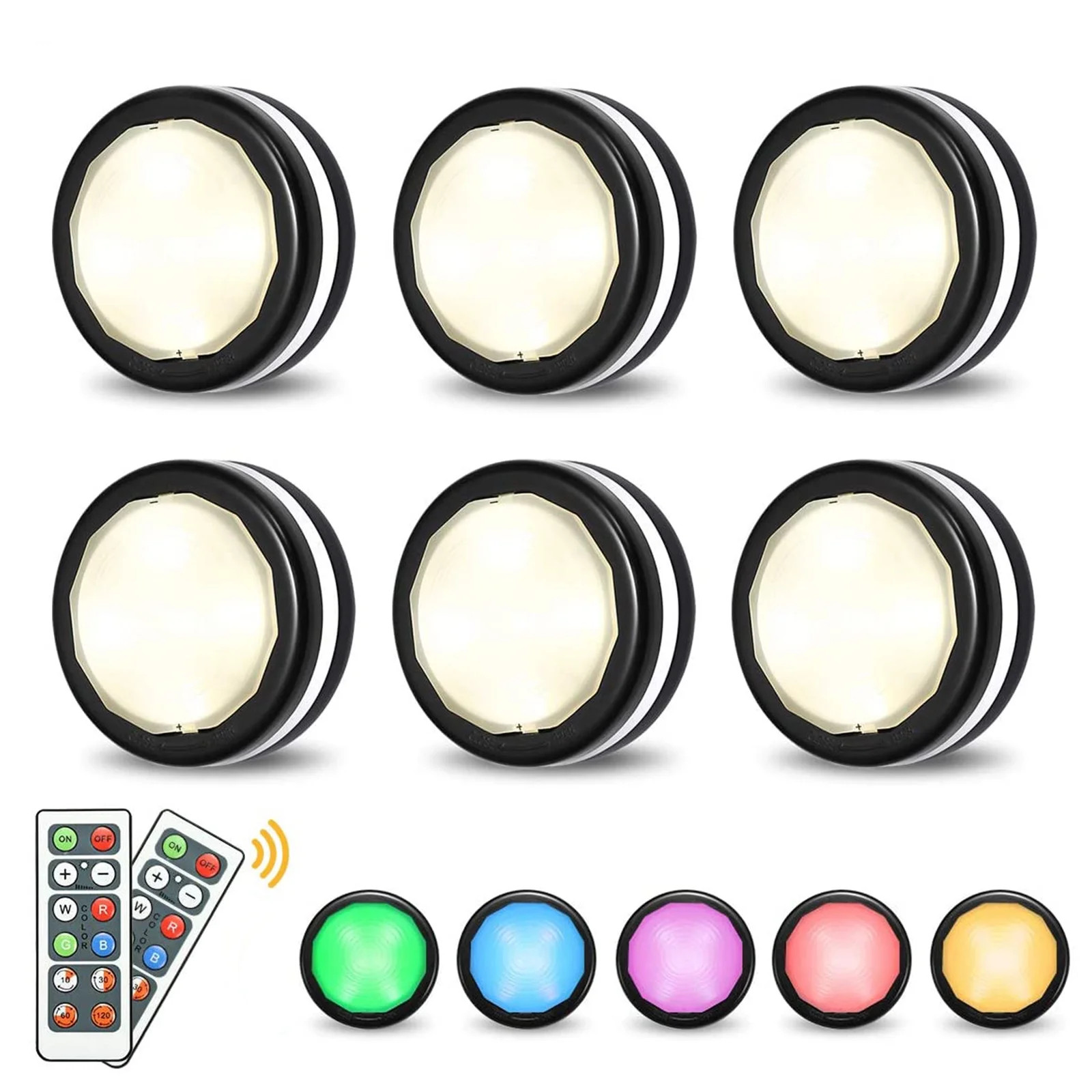 Elfeland 6 Pack Wireless LED Under Cabinet Lights with Remote, Battery Operated Puck Lights Color... | Walmart (US)
