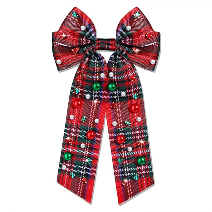 Christmas Hair Bows for Women Xmas Bow Reindeer Tree Hair Bow Clips Satin Plaid Red Green Hair Bo... | Amazon (US)
