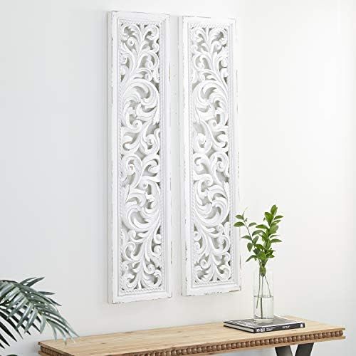 Deco 79 Traditional Wood Abstract Wall Decor, Set of 2 12"W, 50"H, White | Amazon (US)
