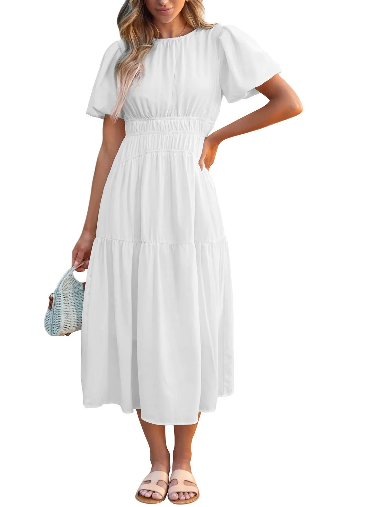 Dokotoo Midi Dresses for Women Crewneck Bubble Sleeve Casual Dresses Smocked Waist Ruffle Summer ... | Walmart (US)