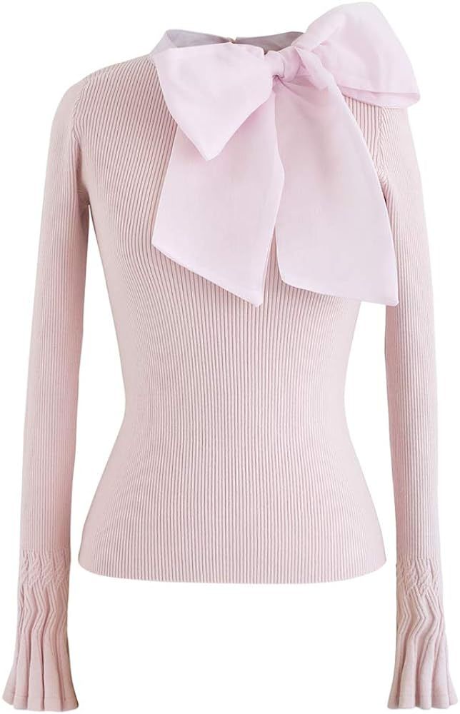 CHICWISH Women's Fancy with Bowknot Knit Top in Pink at Amazon Women’s Clothing store | Amazon (US)