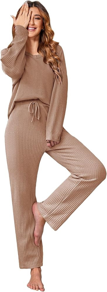Ekouaer Women's Waffle Knit Pajama Sets Comfy Long Sleeve Lounge Sets 2 Piece Matching Pj Sets wi... | Amazon (US)