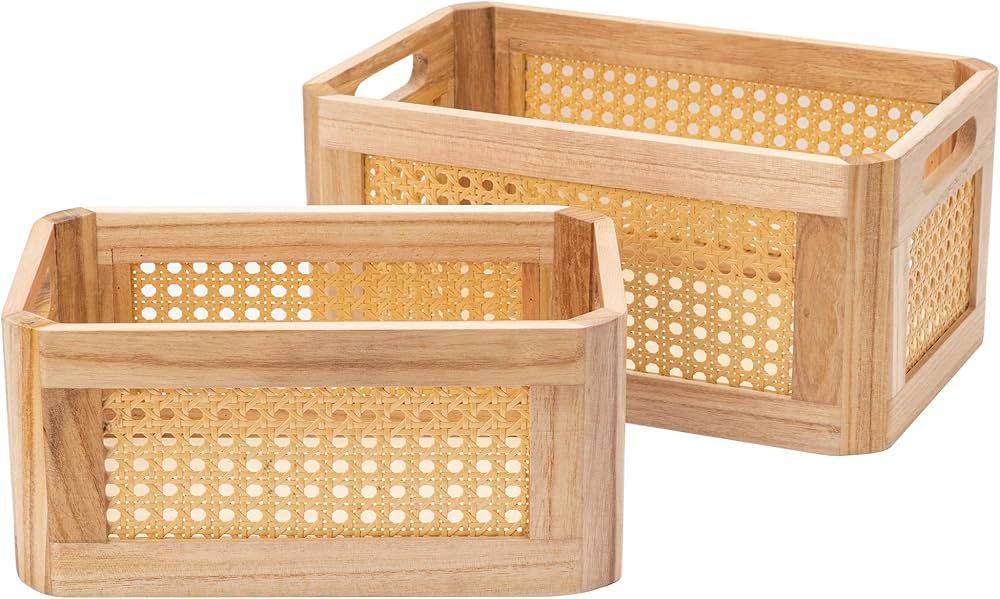 Kishome Rattan Storage Baskets for Shelves, Rectangle Small Baskets for Organizing, Wood Woven St... | Amazon (US)