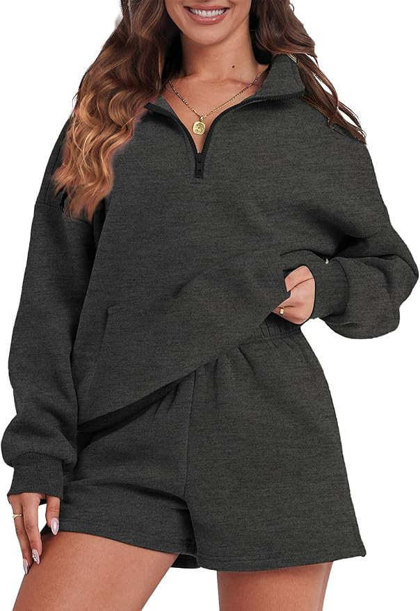 FKEEP Womens Sweatsuits 2 Piece Outfits Half Zip Sweatshirt Sweat Shorts with Pockets Lounge Sets | Amazon (US)