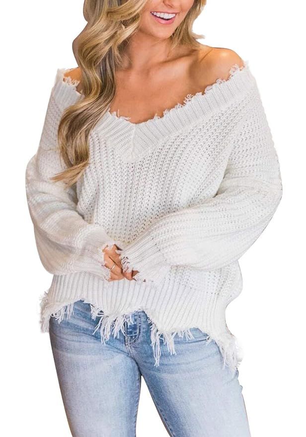 LEANI Women's Loose Knitted Sweater Long Sleeve V-Neck Ripped Pullover Sweaters Crop Top Knit Jum... | Amazon (US)