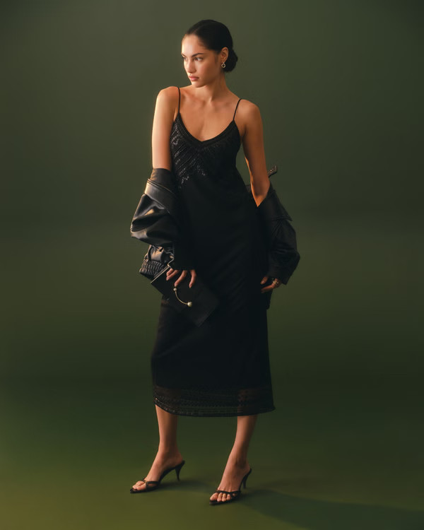 Tie-Back Beaded Slip Midi Dress | Abercrombie & Fitch (US)