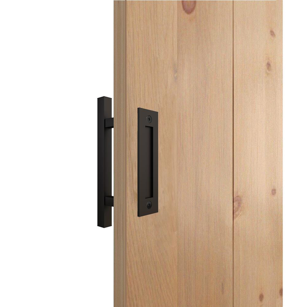 CALHOME 12 in. Matte Black Steel Square Pull and Recessed Flush Pull Sliding Barn Door Handle Set | The Home Depot
