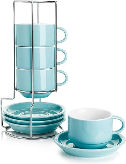 Sweese 8 Ounce Porcelain Stackable Cappuccino Cups with Saucers and Metal Stand - for Specialty C... | Amazon (US)