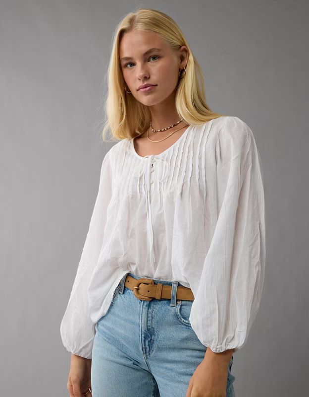 AE Long-Sleeve Pintuck Blouse | American Eagle Outfitters (US & CA)