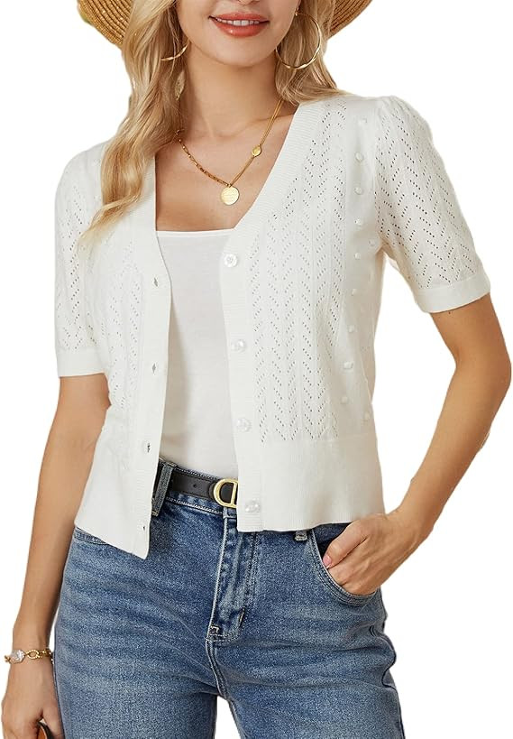 GRACE KARIN Cropped Cardigan Sweaters for Women Short Sleeve Crochet Knit Bolero Shrug V-Neck But... | Amazon (US)