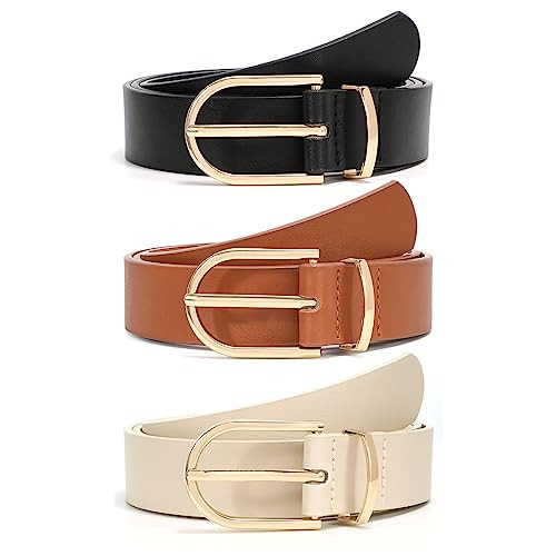 XZQTIVE 3 Pack Women's Leather Belts For Jeans Dresses Pants Fashion Ladies Waist Belt with Gold Buckle | Amazon (US)