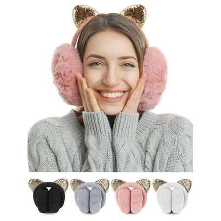 Spencer Winter Earmuffs for Women Fluffy Cute Ear Muffs for Kids Plush Ear Warmer Foldable Ear Cover for Outdoor Skiing Riding Daily Wear, Pink | Walmart (US)
