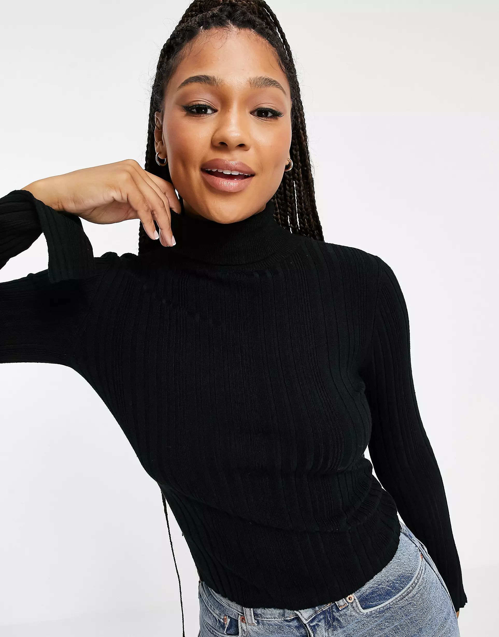 Miss Selfridge irregular rib knit roll neck split sleeve sweater in black | ASOS (Global)