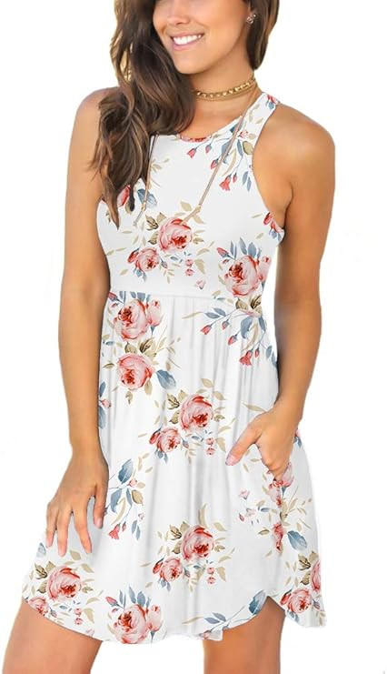 LONGYUAN Women's Summer Sleeveless Casual Dresses Swing Cover Up Elastic Sundress with Pockets | Amazon (US)